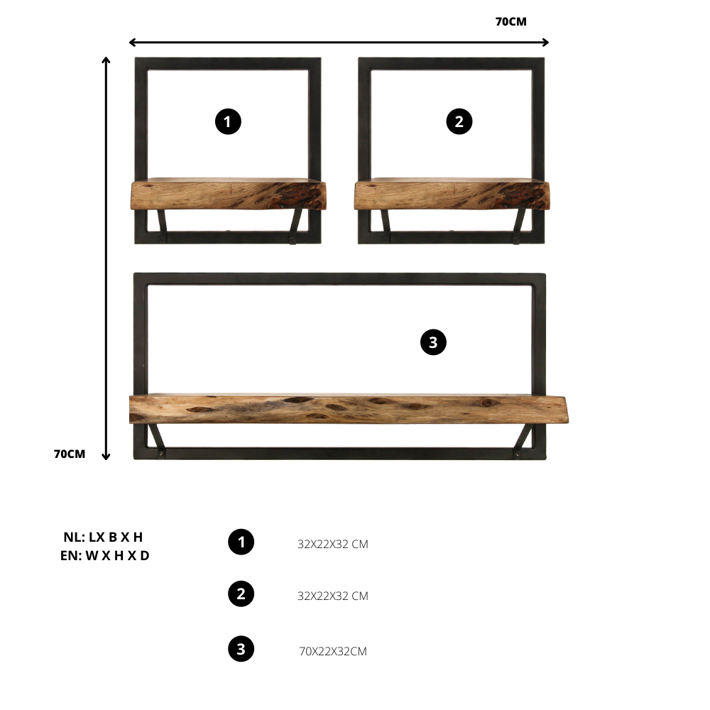 Wall Shelves Levels Live Edge - 70x22x70 - Natural/Black - Acacia/Iron