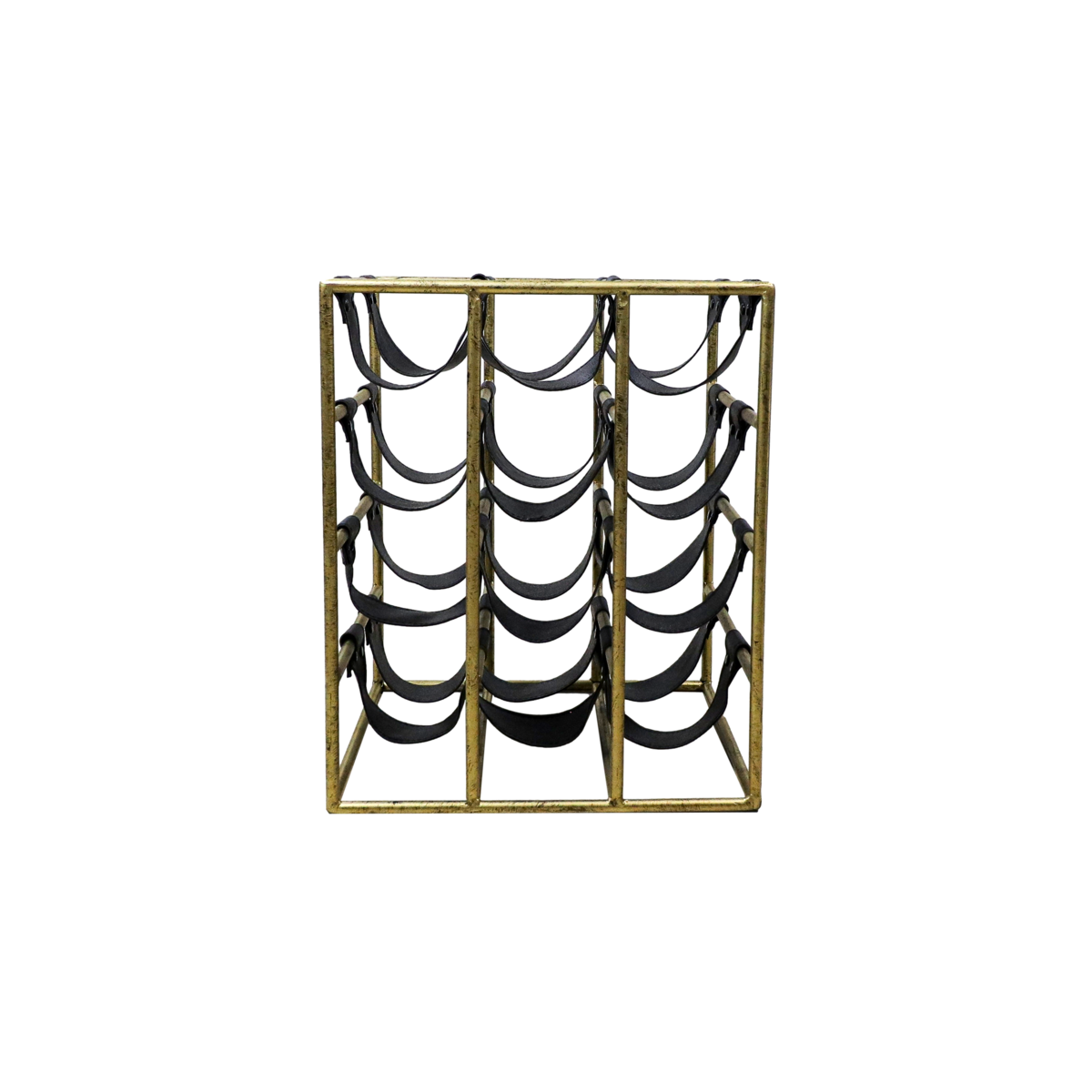 Wine Rack 12 Bottles - 30x32x42 - Antique Gold / Black - Metal / Leather