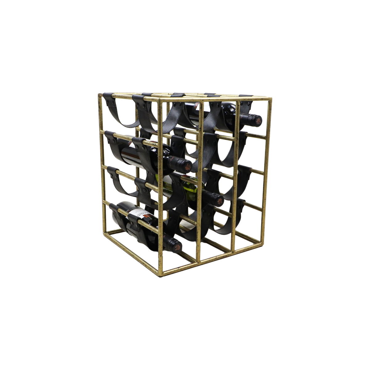 Wine Rack 12 Bottles - 30x32x42 - Antique Gold / Black - Metal / Leather