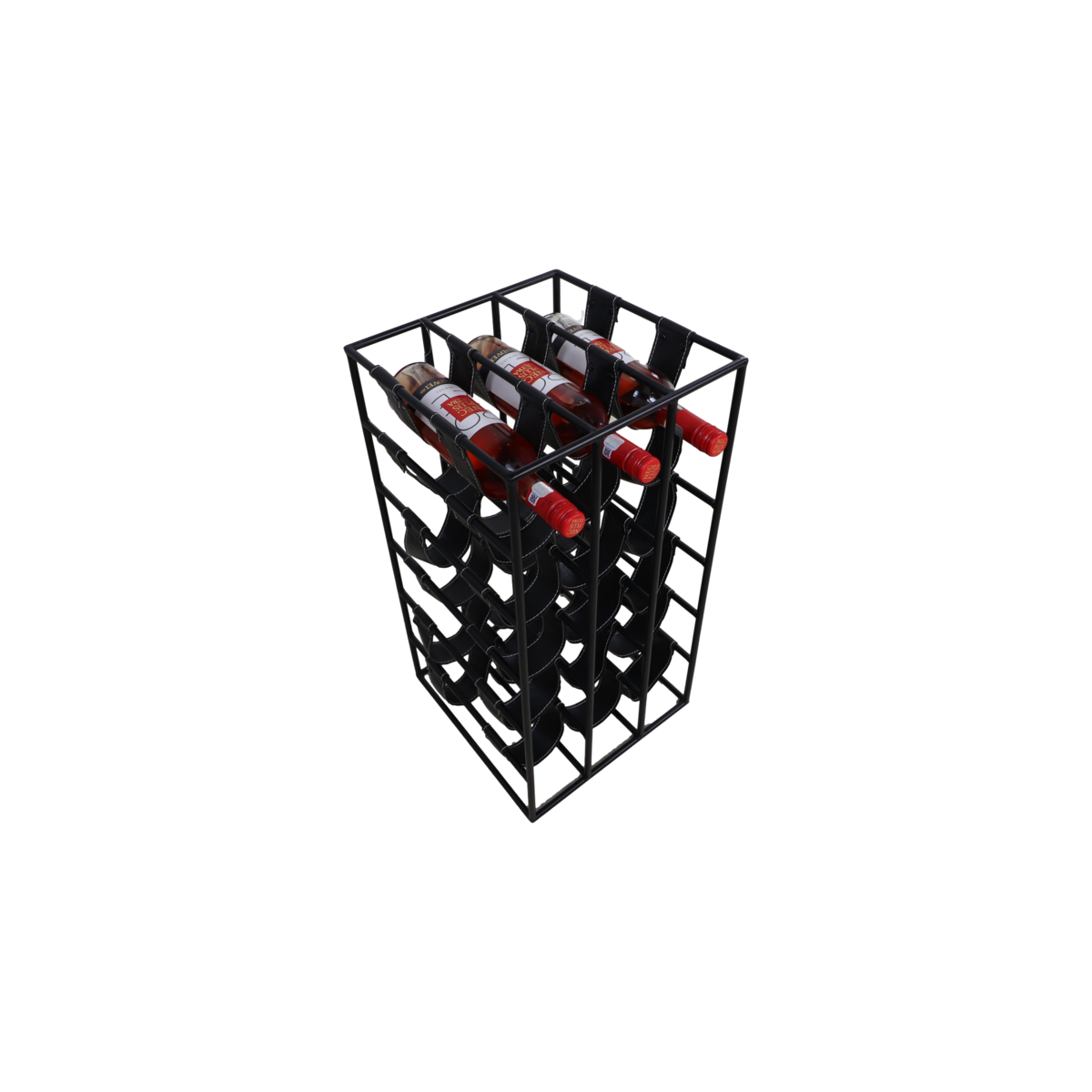 Wine rack 18 bottles - 33x33x64 - black - metal / leather