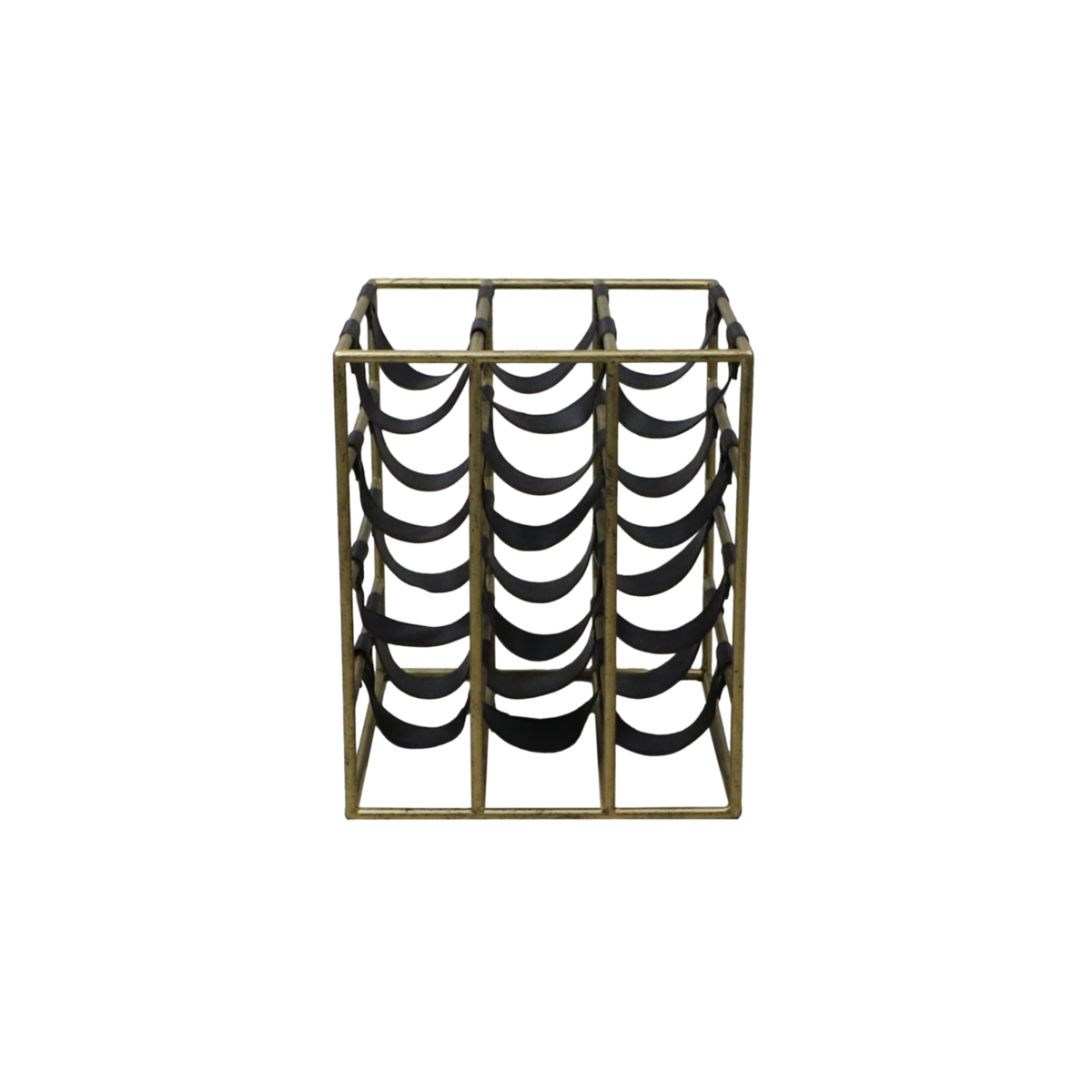 Wine Rack 12 Bottles - 30x32x42 - Antique Gold / Black - Metal / Leather